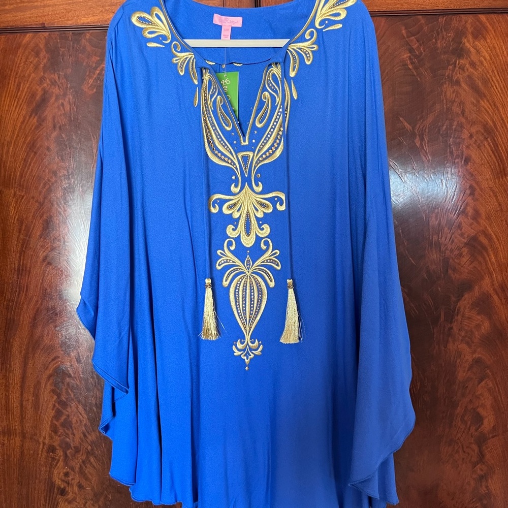 Lilly Pulitzer Emera Brilliant Blue Embroidered Caftan Dress S/M
